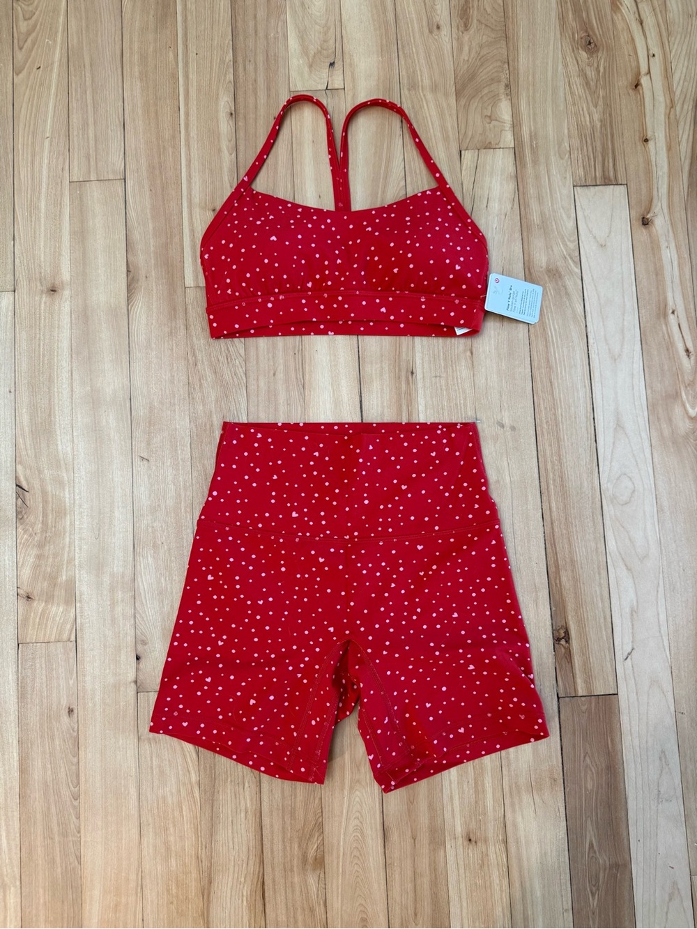 lululemon athletica Red Heart-Dot Sports Bra & High-Rise Bike Shorts Set